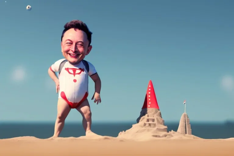 Elon musk as a baby building a Very tall rocket-shaped sandcastle on the beach. He is wearing a polkadot swimsuit