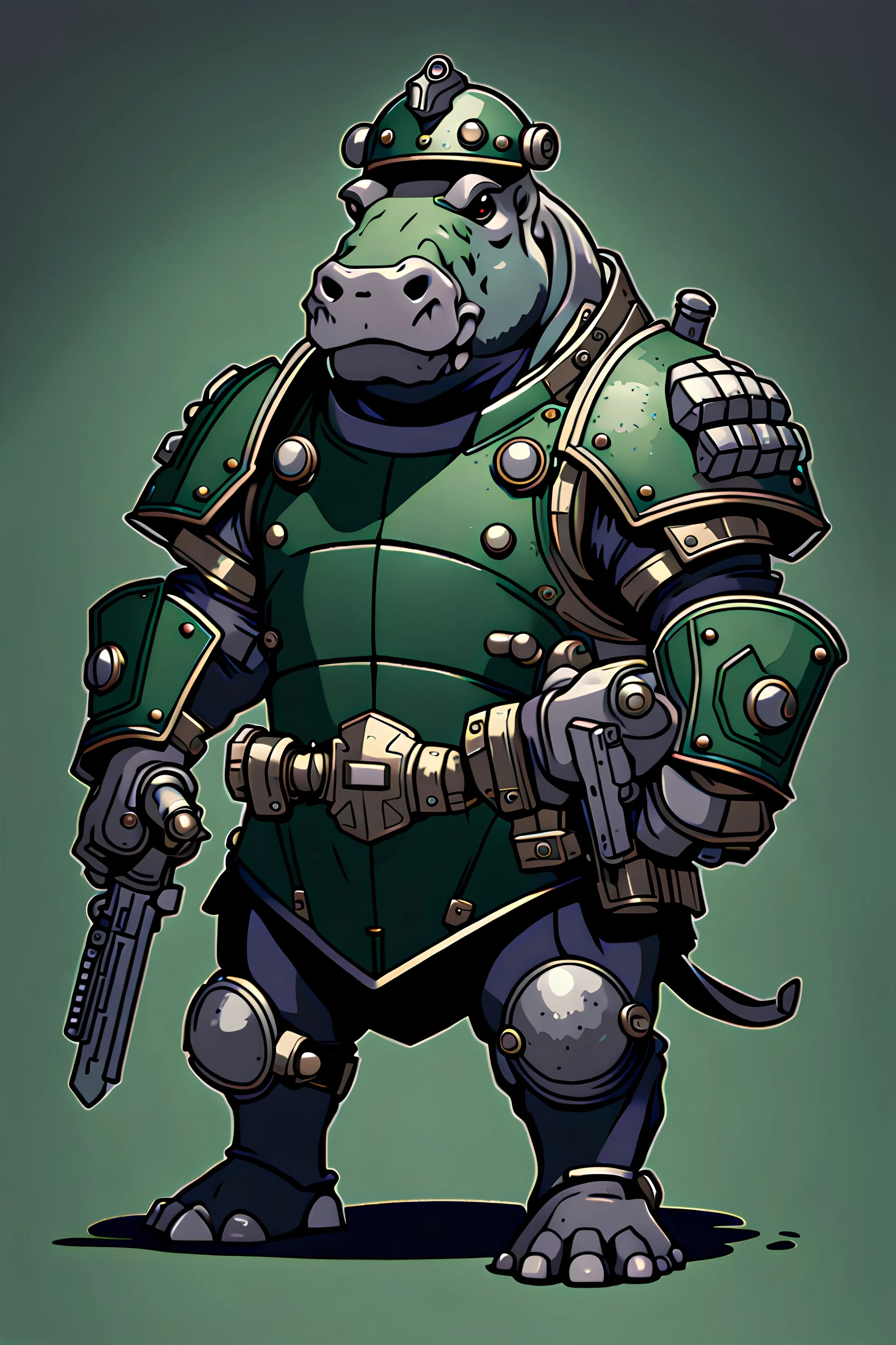 Young and Athletic Anthropomorphic Hippo wearing dark green colored Flak Armor and helmet from Warhammer 40k dual wielding las pistols in anime style