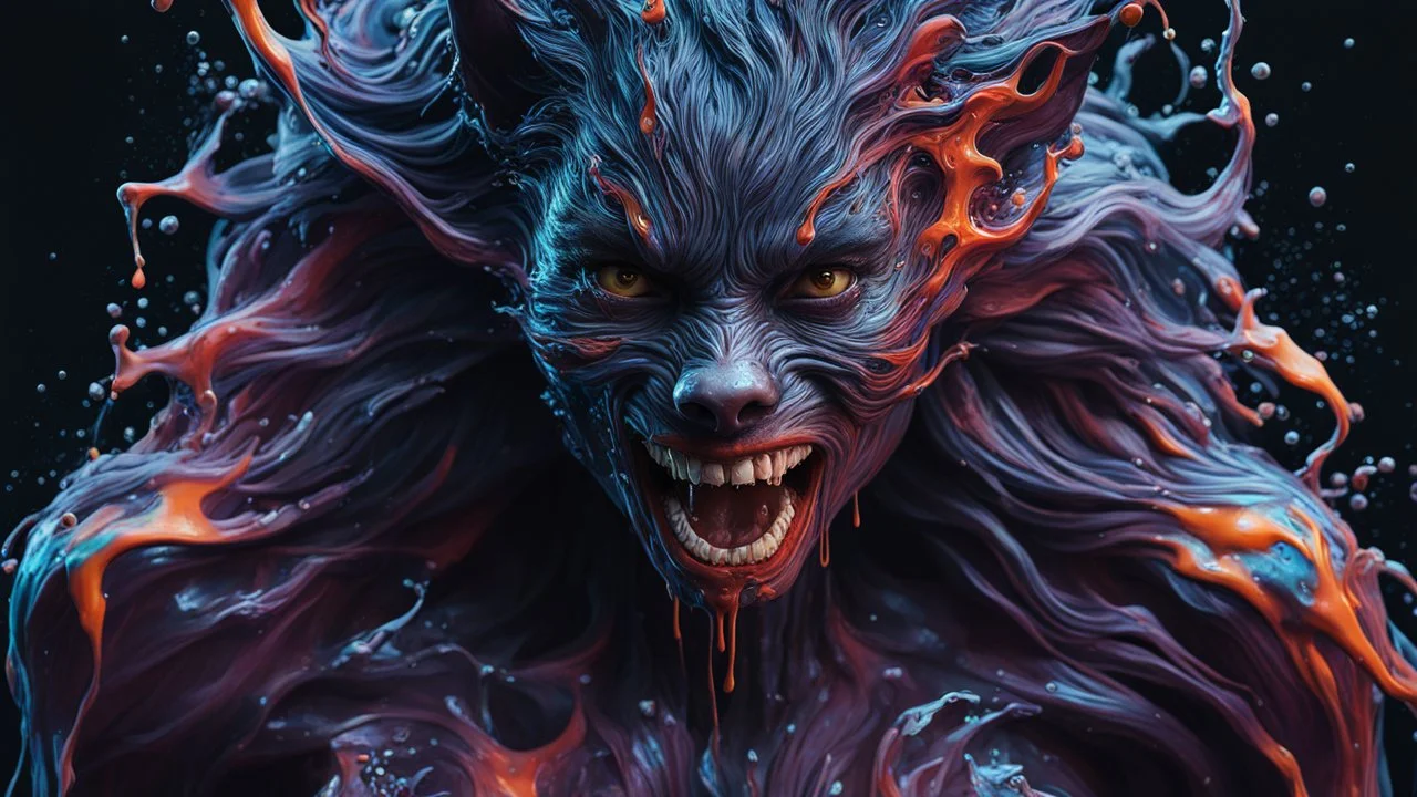 Unsplash art, a quirky liquid portrait of a hauntingly beautiful dark werewolf woman, splash style of paint, Pixar style, Halloween colors, hyper detailed intricately detailed, fantastical, intricate detail, splash screen, liquid, gooey, slime, splashy, fantasy, concept art, 8k resolution, masterpiece, melting, complex background, intricate detailed, dark colors, fantasy, concept art, digital art, intricate, oil on canvas, masterpiece, expert, insanely detailed, 4k resolution.