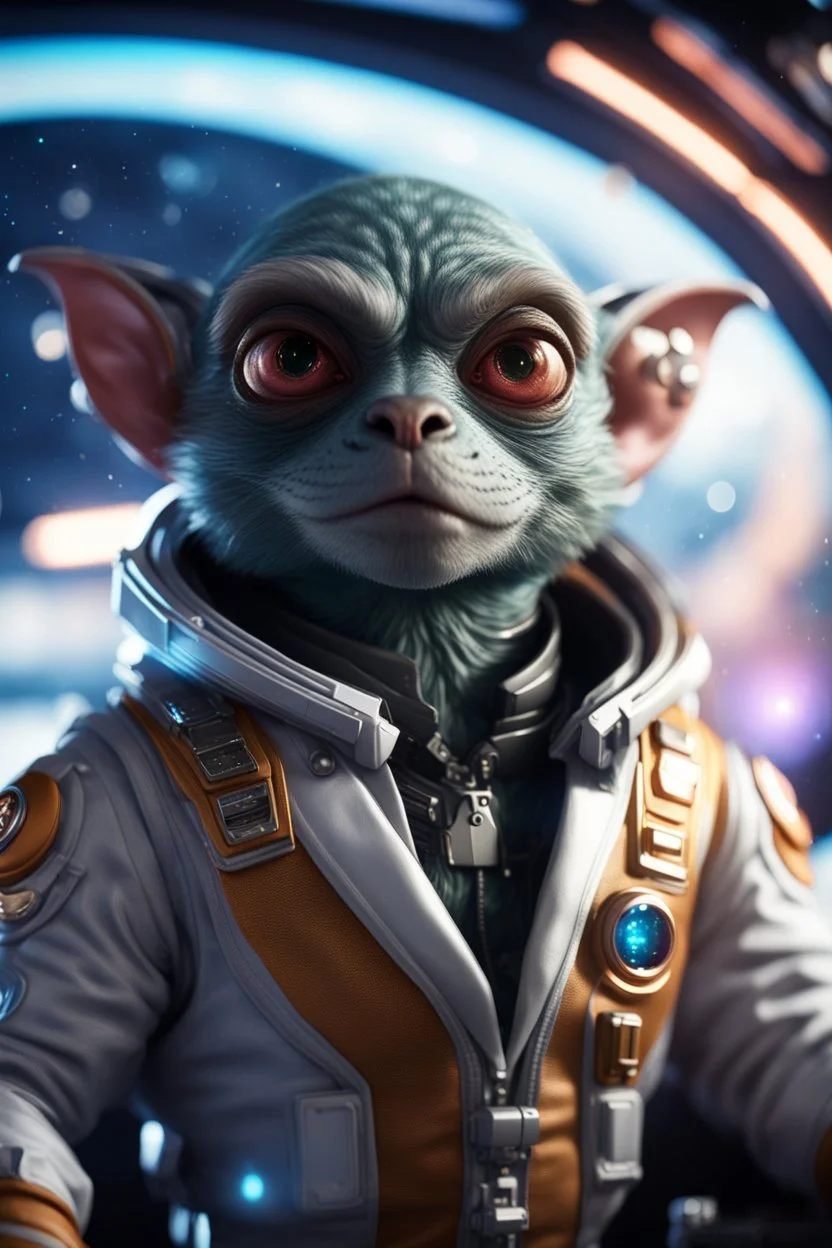 pen outline, really macho pimp gremlin seal french captain that go hard sitting in space station cockpit , in front of space portal dimensional glittering device, bokeh like f/0.8, tilt-shift lens 8k, high detail, smooth render, down-light, unreal engine, prize winning