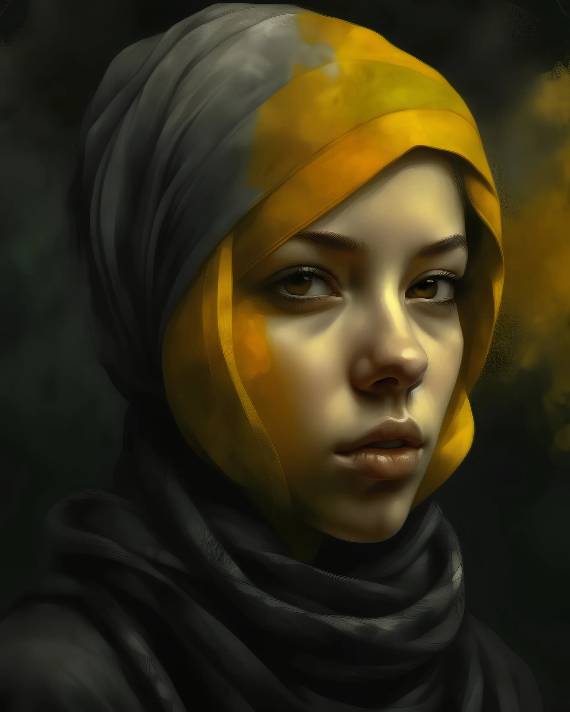 headscarf in the style of distorted portraits, dark gray and light amber, rimel neffati, sebastian errazuriz, macro perspectives, digital art wonders, primordial creatures