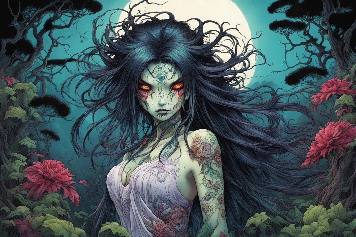 full color, full body illustration of a haggard and malevolent Harionago yokai "Barbed Woman" with wild, highly detailed dark hair and slim, narrow facial features, in a haunted Chaniwa garden, pierced by shafts of moonlight , art in the style of Alex Pardee, spirited away, studio ghibli, , 8k , finely detailed and precise line work, soft gauzy pastel colors