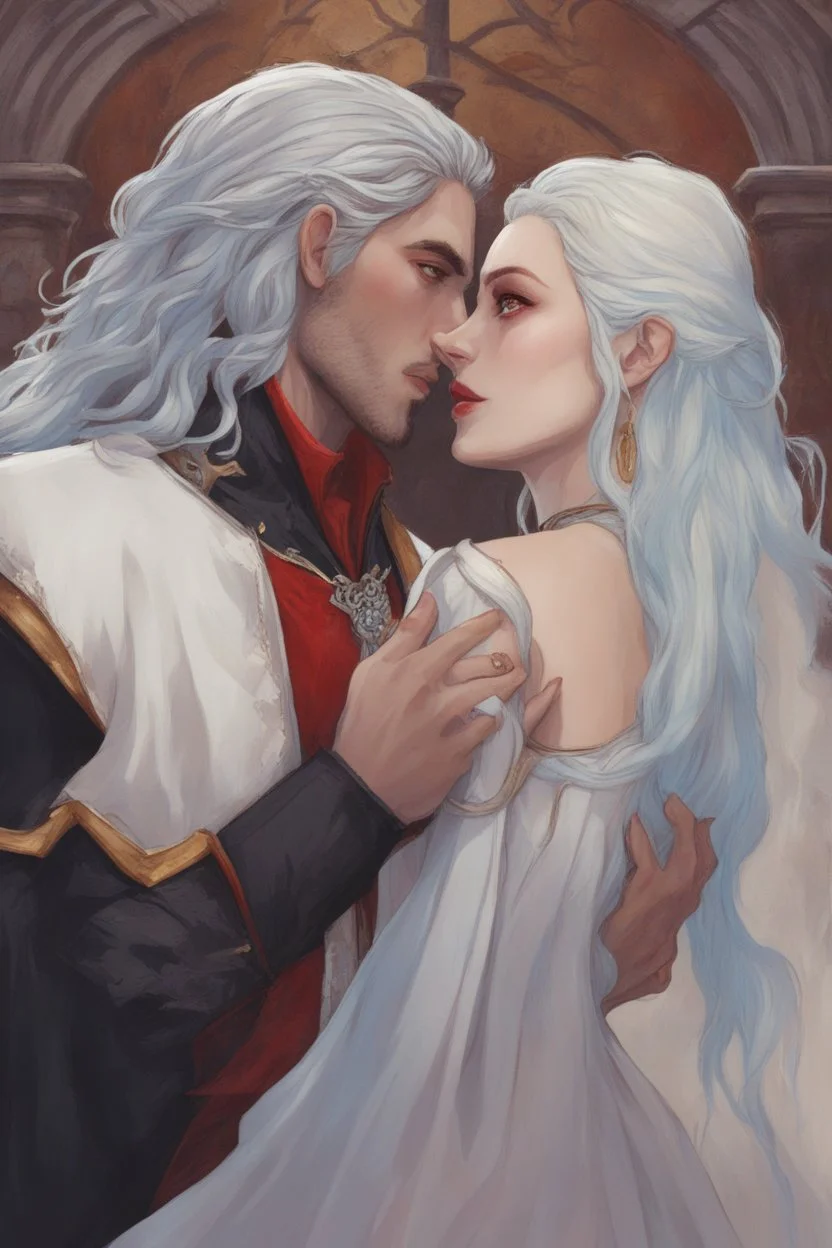 A couple from the dnd game curse of Strahd. The woman has long white hair and blue eyes, the man has LONG BLACK hair and red eyes, no facial hair. KISSING