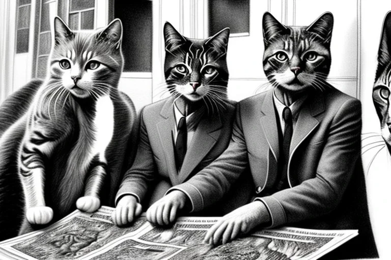 Mature cats are "The Beatles", playing music, street, Vienna, friendly, sunny day, model style, hyper realistic, extremely accurate, delicate, extremely detailed, Graphic novel style, wide-angle, open aperture, superfine pencil