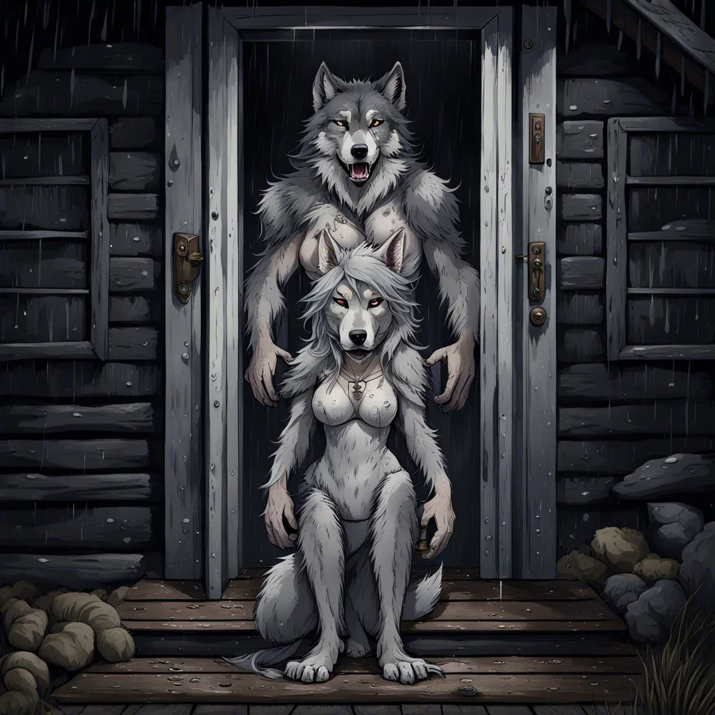 fantasy digital art of crying young female anthro wolf in gray hairy wolf body and wears just a short canvas rag around her waist , sadly crying face stands in the rain front the door, behind her an tall anthro dark hairy wolf man standing behind in rustic halb open door in an massive wooden house, deep colors, rainy day, detailed, anthropomorphic creatures, fantasy, sci-fi mood