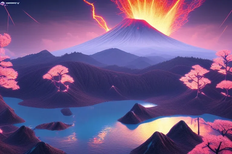 Japanese Fuji Mountain,eruption lava flows into the lake , concept art, smooth, extremely sharp detail, finely tuned detail, ultra high definition, 8 k, unreal engine 5, ultra sharp focus, illustration, magic ambient, bonsai cherry blossom trees , japanese gondolas .