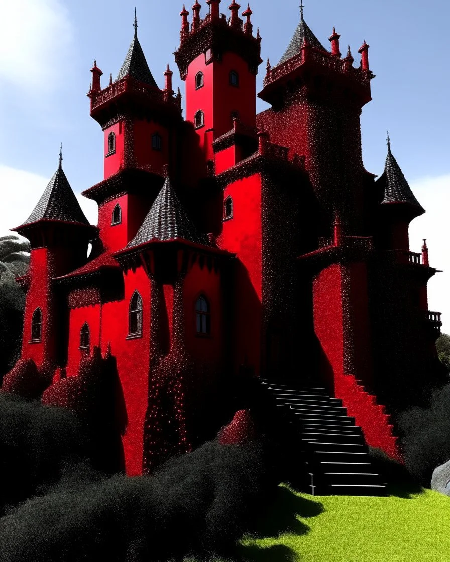 A dark red vampire castle designed in Ica stones painted by Andy Warhol