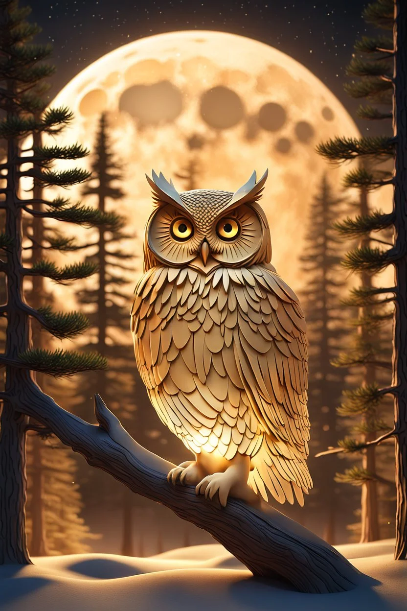 A captivating and mesmerizing 3D render of a striking minimalist silhouette of an owl, transformed into a nighttime scene. The owl's body is filled with a warm golden hue, representing a starlit sky and a radiant full moon. The center features a delicate, flying bird, symbolizing the owl's spirit. Beneath the owl, a serene landscape of pine trees and a resting owl unfolds, creating a sense of tranquility and harmony with nature. This enchanting illustration masterfully blends elements of wildlif