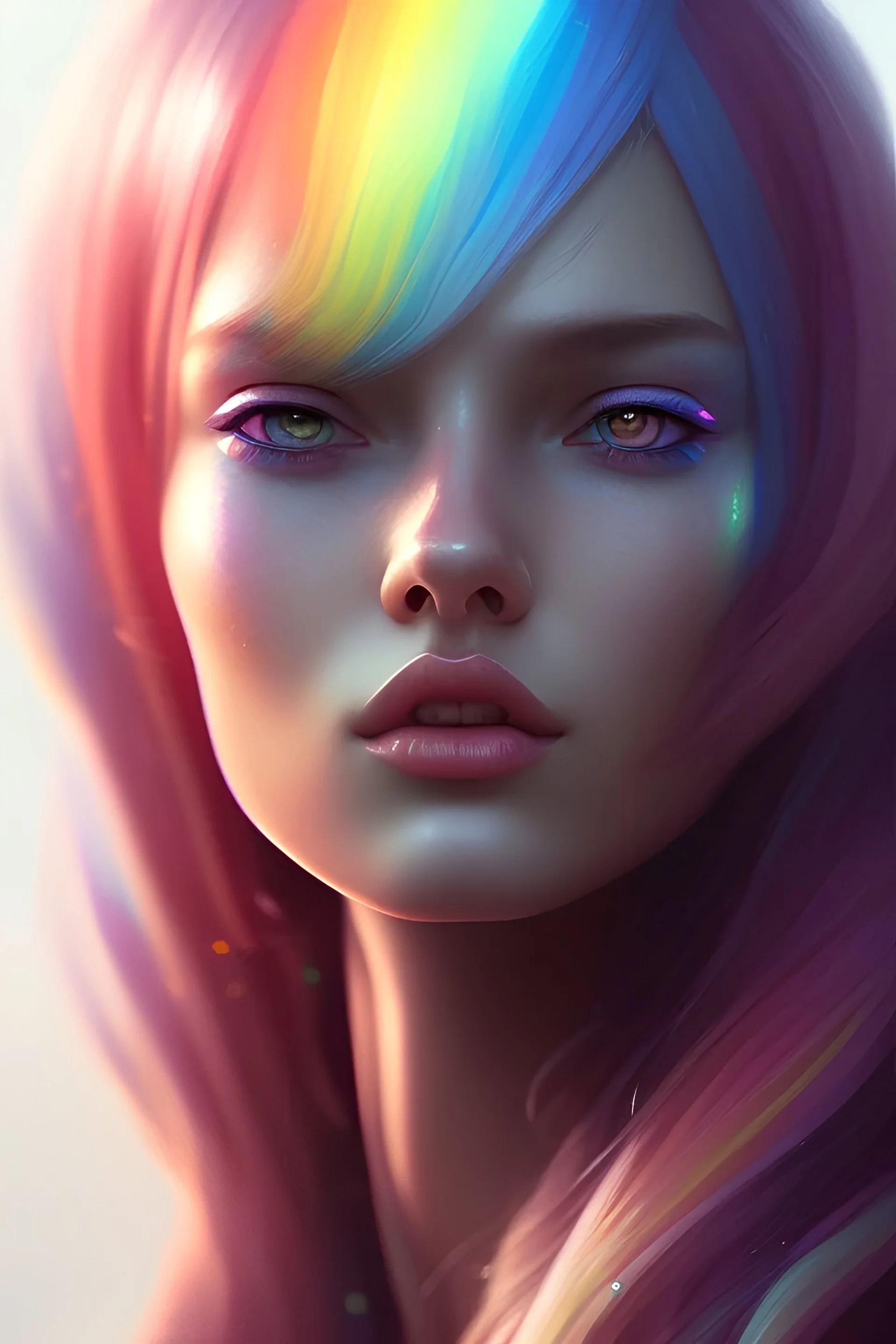 girl, cute, beautiful, long hair, rainbow hair, rainbows, close up portrait by Greg Rutkowski