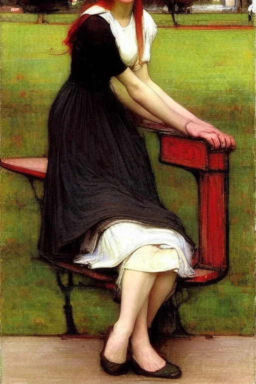 Woman sitting on a park bench. John William Waterhouse