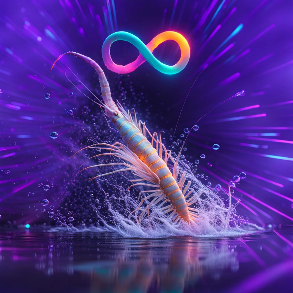 infinity symbol ∞ with vibrant powerful single prawn coming out of the water, striking, neon, chiaroscuro, dramatic, captivating, powerful, fantasy, beautiful, octane render, 16k post-production, artstation: award-winning: atmospheric: commanding: fantastical: clarity: ultra quality: striking: brilliance: stunning colors: amazing depth; lens: f/11, 35mm