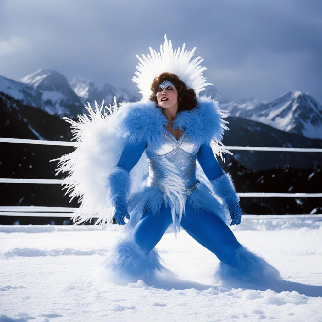 [photo from The Thing (1982)] Demonstrating her growing power as Queen of Winter, La Abominable crystallizes the very air around her, challenging any luchadora to defeat her in the ring;