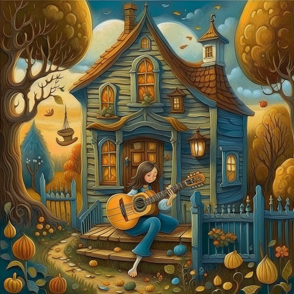 a painting of a house with a woman playing a guitar, a storybook illustration by Endre Bálint, behance contest winner, magic realism, storybook illustration, whimsical, detailed painting