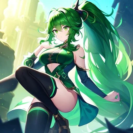 girl, masterpiece, best quality, volumetric lighting, detailed outfit, perfect eyes, green hair, green eyes, long hair, thigh highs, ponytail, messy hair,