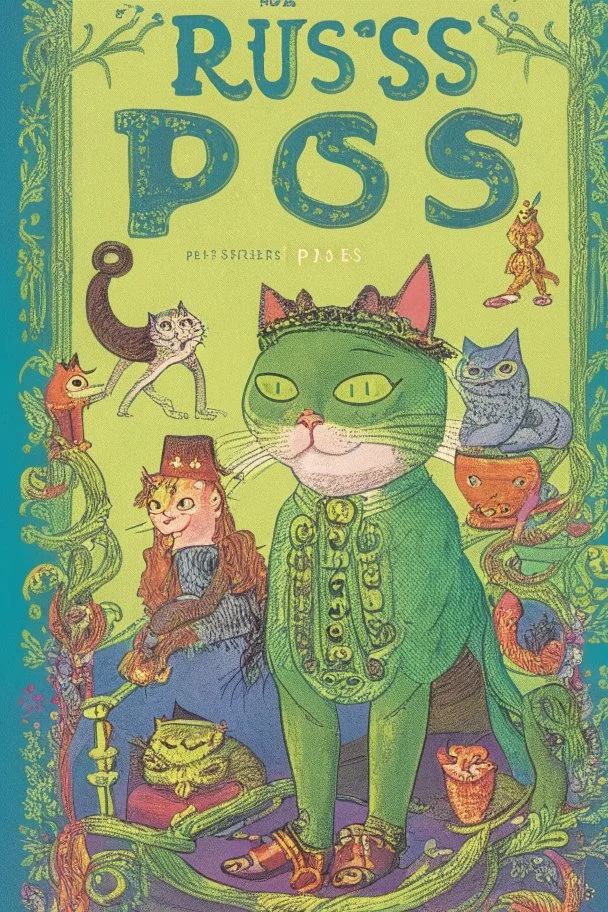 intricate book cover showing Puss in Boots, the Frog King, the Princess and the Pea, like a whimsical Terry Pratchett Discworld cover