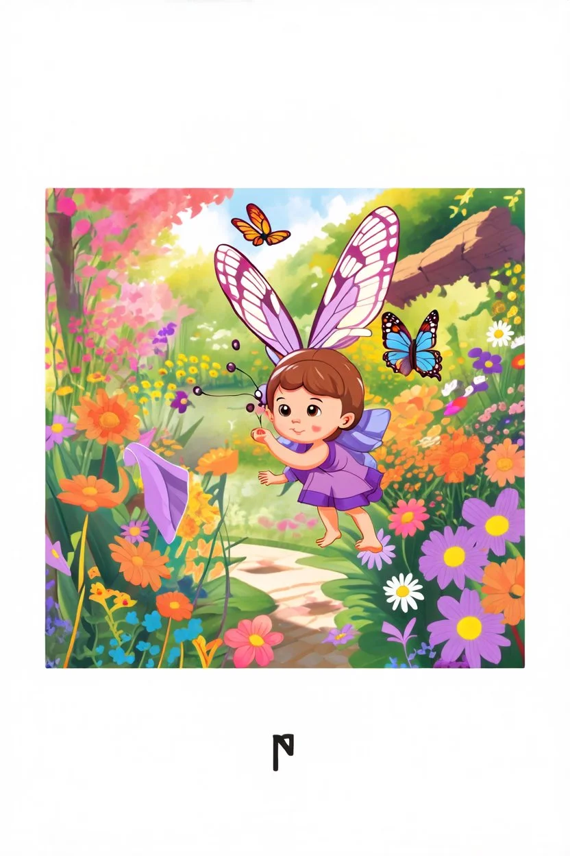 a striking purple butterfly flying by,colorful garden background , child book illustration style, faces must be the same as reference image