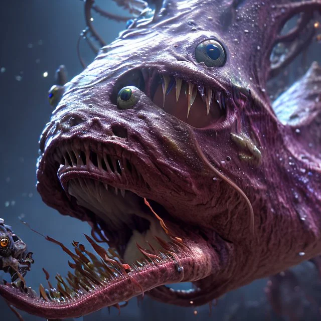 fluid ink angler fish creature, unreal engine 5, 8k resolution, photorealistic, ultra detailed