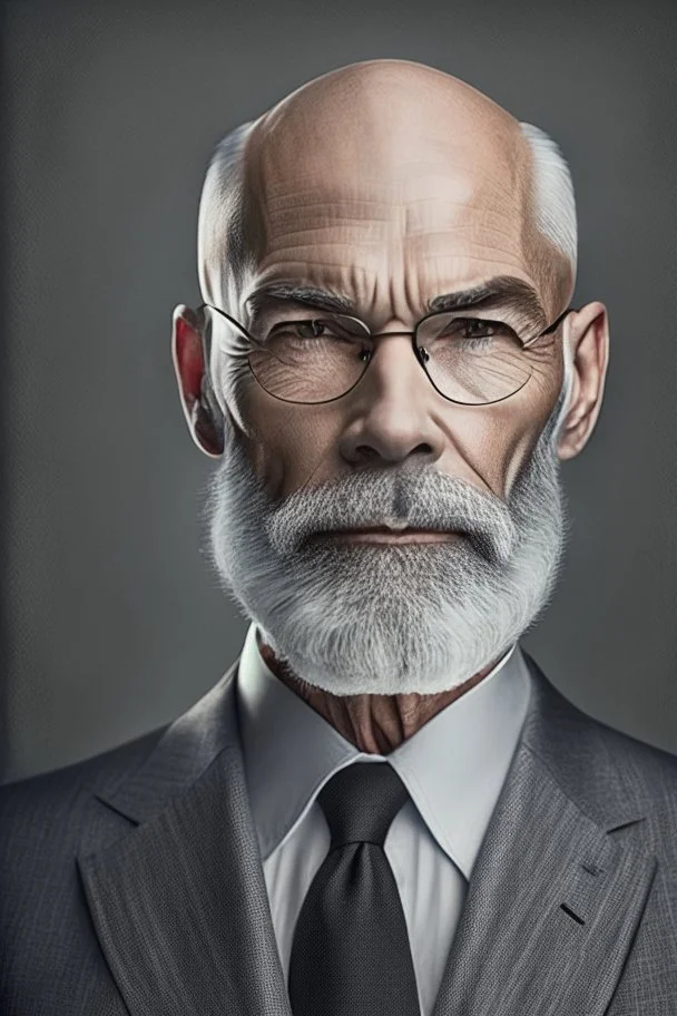 realistic photo portrait of a cocasian middle age bald man, short trimmed silver-gray beard, wearing glasees and black suit