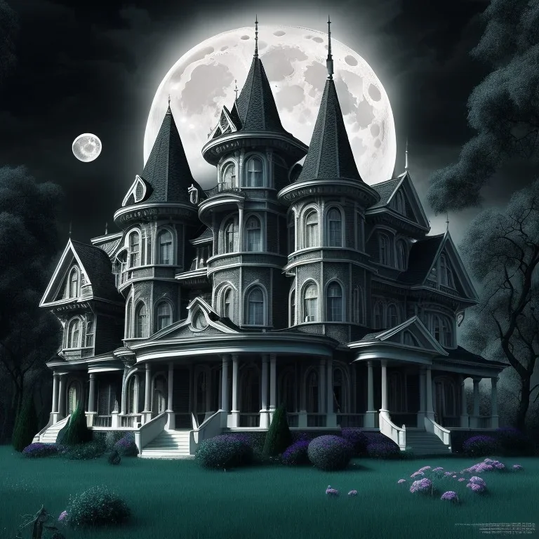 A mansion, trending on artstation, black and white, addams family, stormy weather, full moon, gorgeous, beautiful, magnificent, high quality