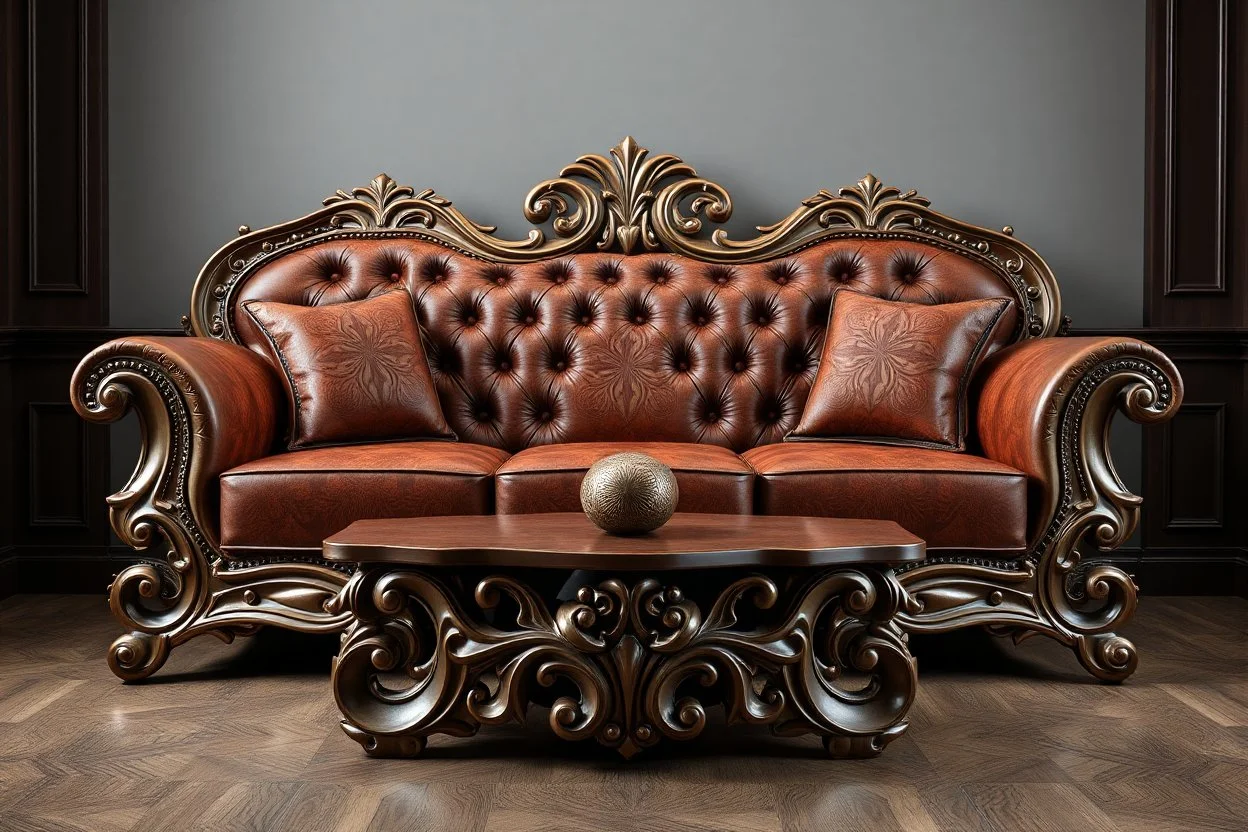 image of a Royal sofa with 3d fractal base decoration made of good wood no background no table