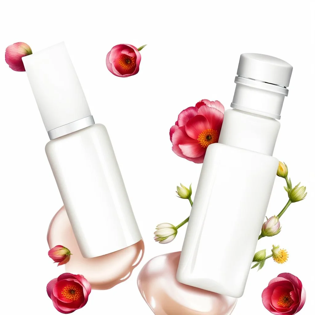 a bottle for cosmetics and a cream jar lies on a beautiful floral background top view, in the background there are beautiful spring flowers and a drop of cream, high-quality picture, top view