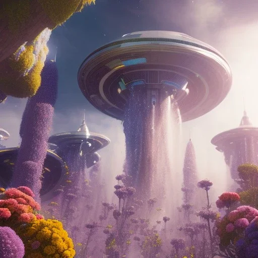 Spaceship landed on futuristic planet, sunny day. clear blue sky, cascade, flowers. Elegant. Extremely detailed. Award winning photography. Fantasy. 8k. Cinematic lighting. Photorealistic. Dynamic lighting. Imperial colors. Crisp quality. Unreal Engine. Colourful cinematic postprocessing. Pixar. VRay.