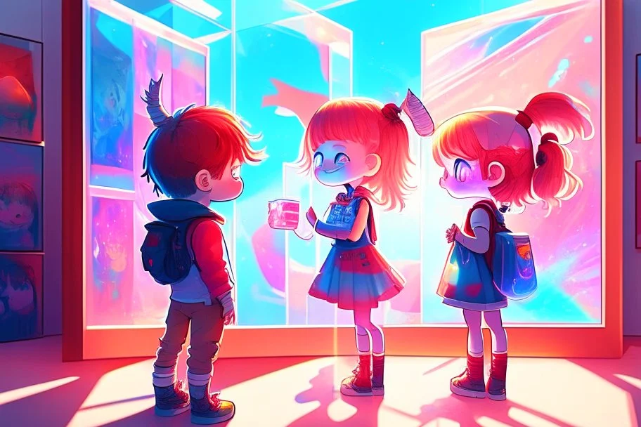 cute chibi holographic girl and boy looking at a picture about a red bull happily at an exhibition room in sunshine