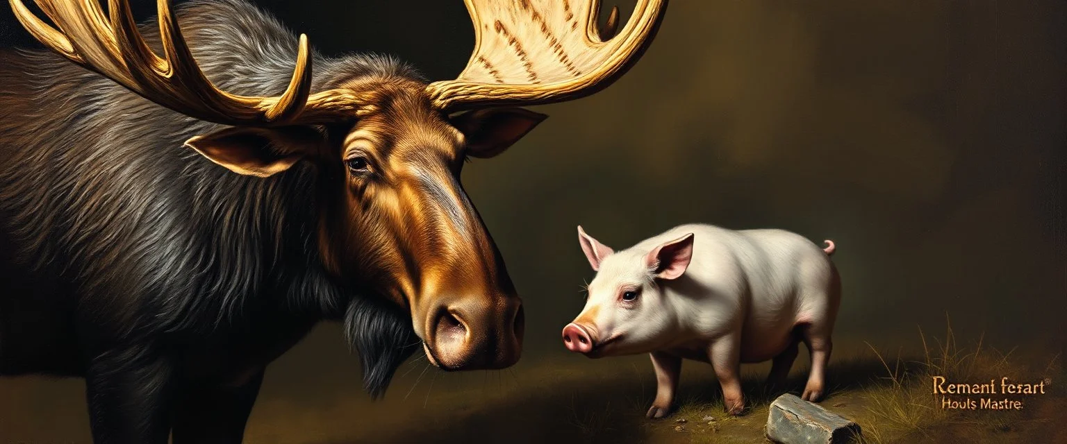 master oil painting by Rembrandt, moose pig