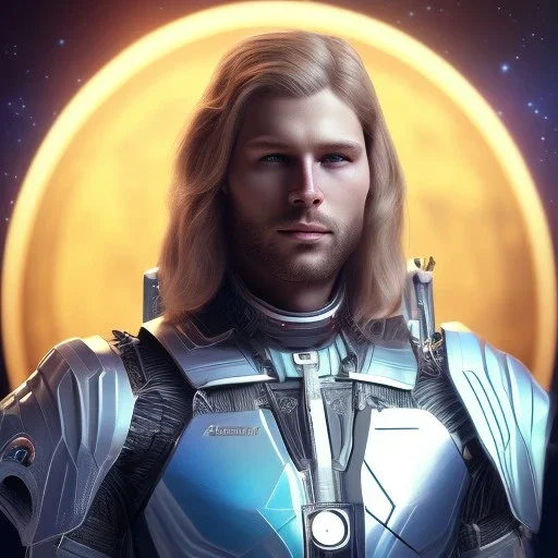 Full body ,Beautiful cosmic man, blue eyes, long blond hair, cosmic suit, galactic backdrop, soft lighting, hyper realistic, unreal engine 5, 16k