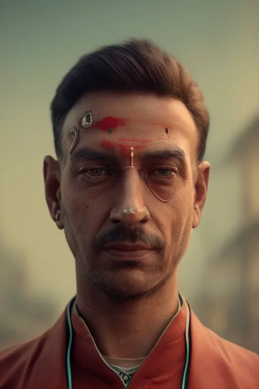 a full scene portrait from the streets of India, Cyborg, Vintage, sharp , cinematic, detailed, pleasant colors grading