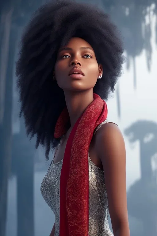 A portrait of a beautiful curvaceous black woman with long hair, wearing a red scarf, wizard, magical, ethereal, intricate, realistic lighting, soft lighting, Concept art by wlop, Ultra quality 8k, Ultra Realistic