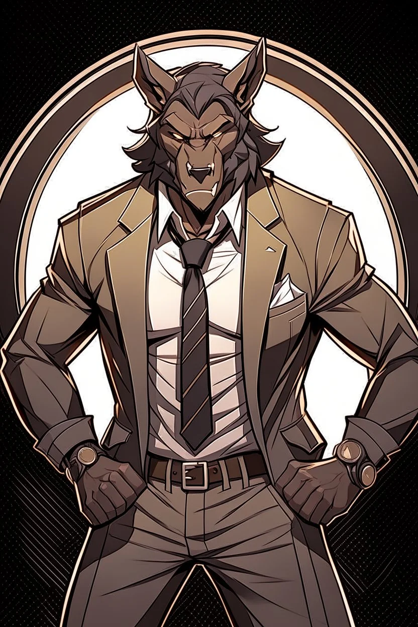 Buff, anthro, wolf, himbo, black fur, gold eyes, wearing a suit, full-body, muscles, strong, muscular, man boobs, bulky, tail, dark fur, smug grin, hands on hips,