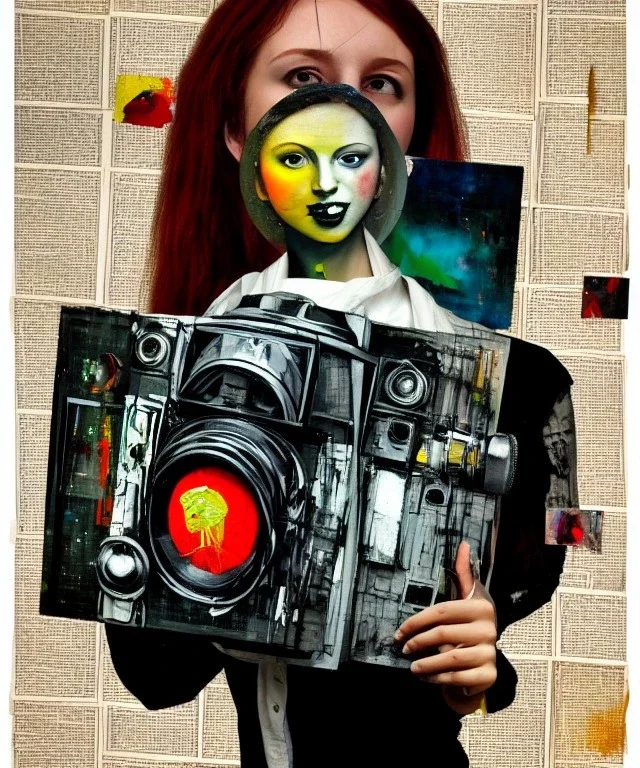 happy beautiful girl holding big proffesional camera in studio. street art, oil on canvas, spray paint, collage, letters, newspapeers, Dave McKean, Vladimir Fedotko, Saturno Butto, Vaughn Bodé, Frank Wu, James C. Christensen, collage, dirty, paint dripping, radiant