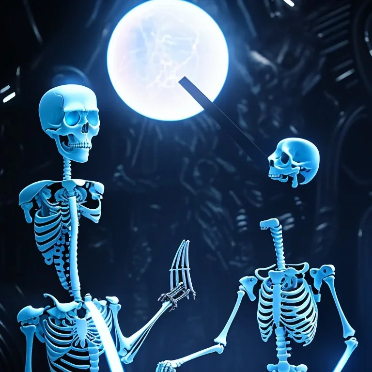 The Grim Reaper and the Skeleton in Tron world, discussing the future of the universe, art by Magritte and Pixar