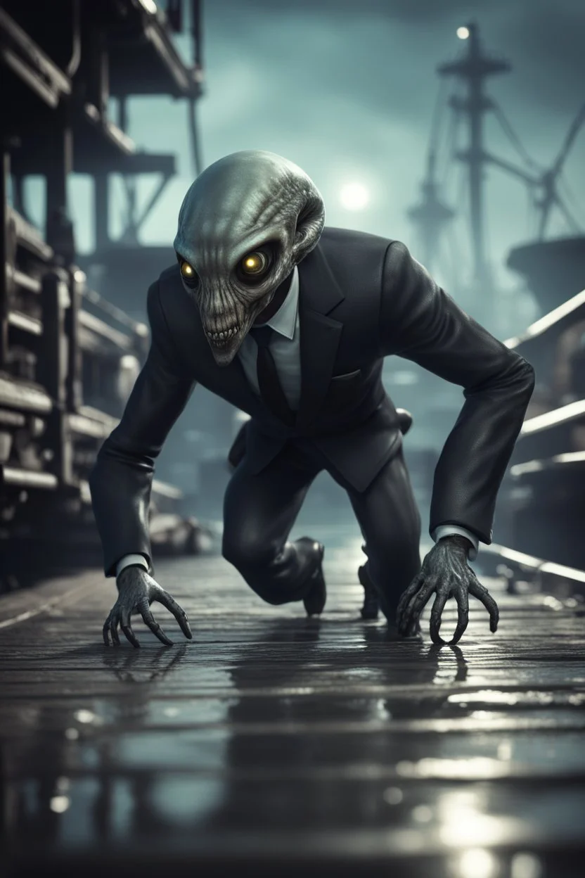 xcom's terror from the deep giger style alien with suit and tie crawling onto the docks in fallout 4 setting, bokeh, downlight, prize winning, depth of field, in the style of ivo caprino