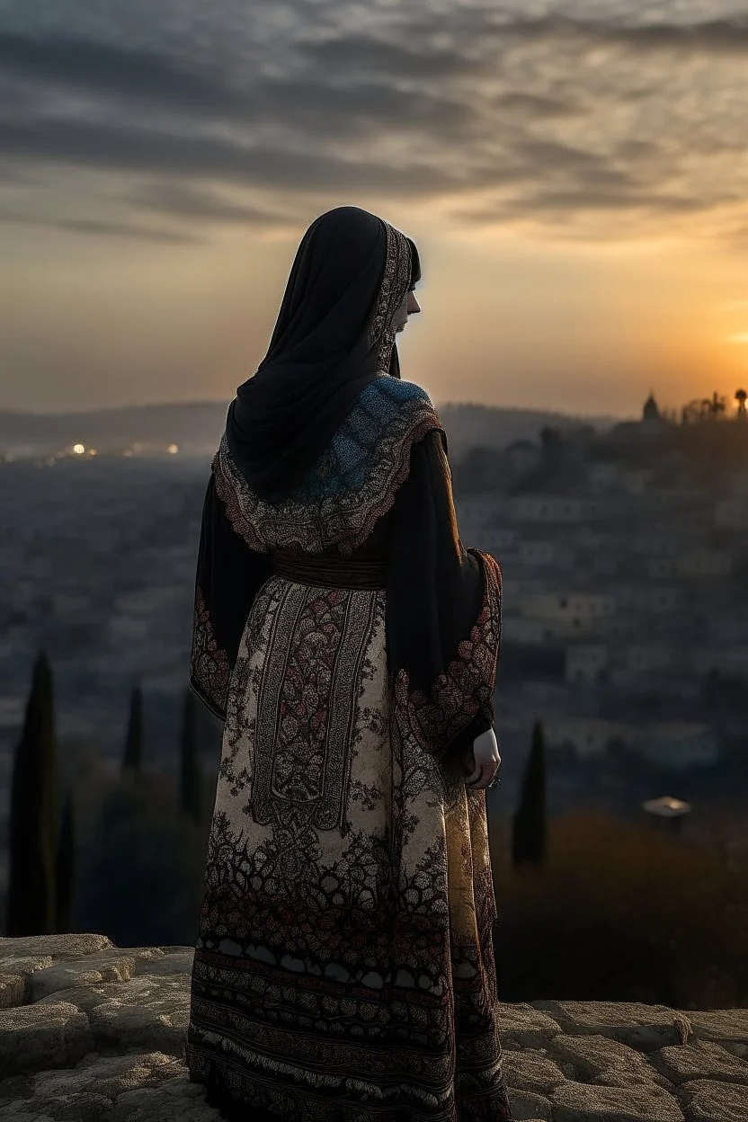 A Palestinian woman wearing an embroidered dress with the city of Jerusalem behind her during a winter sunset