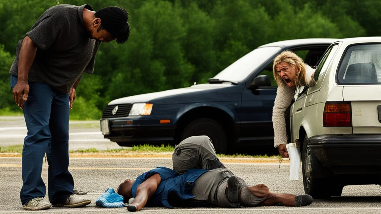 man and crying lady on side of the road in broken down jetta