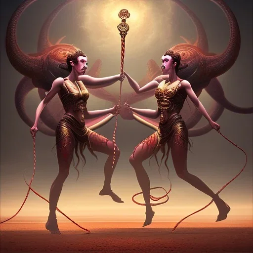 Two women skipping with a rope, demons and angry gods fight in the background, in the style of a Michael Moorcock book cover.