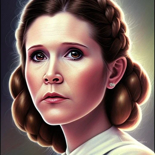 square framed complete and ultra realistic detailed head to waist portrait of young carrie fisher as Princess Leia with realistic hairstyle by Mandy Jurgens and mucha and Richard Schmid and chuck close and chie yoshii, extraordinary and detailed ceremony dress of star wars,brown eyes