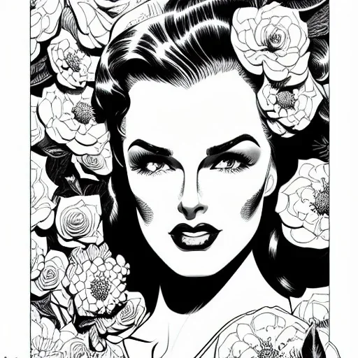 hyper detailed, black and white, thick line, coloring book illustration, lineart, stunningly beautiful woman in flowers, alex raymond style