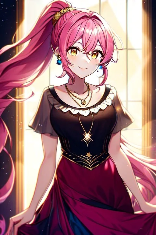 girl, masterpiece, best quality, cinematic lighting, detailed outfit, vibrant colors, perfect eyes, pink hair, long hair, golden eyes, ponytail, messy hair, dress, sparkle, necklace, earrings, hair between eyes, looking up, smiling, indoors, light rays,