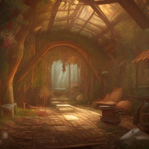 mystical oil painting of an inside view of an old medieval tent with a little opening in canopy