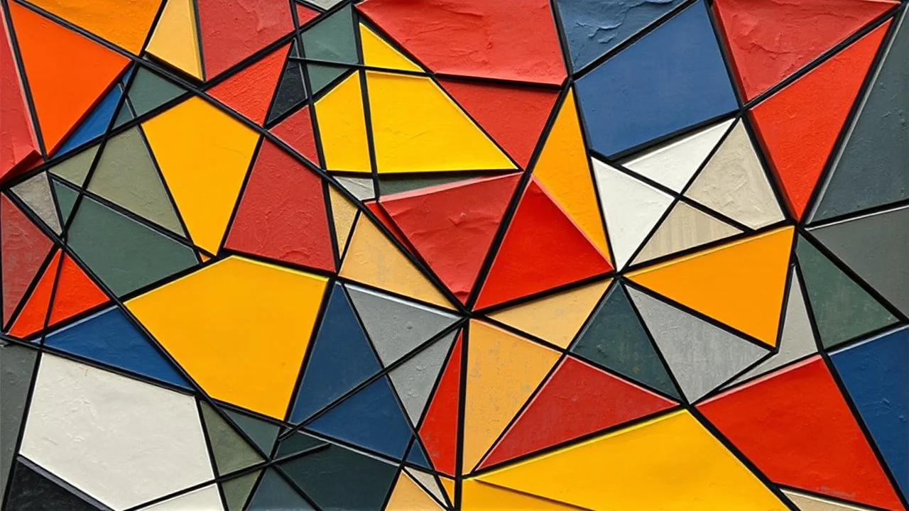 Network of angular black lines connecting irregular polygons in primary colors, relief created with layers of plaster and pigments, dynamic composition suggesting abstract architectural construction, Constructivism style