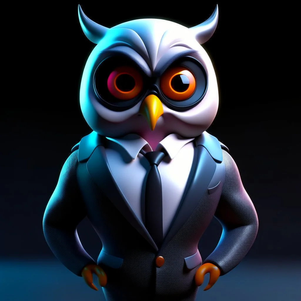 Illustrative sketch of a Pixar 3D image of an angry humanoid owl, suit and tie, ultra quality, 8k