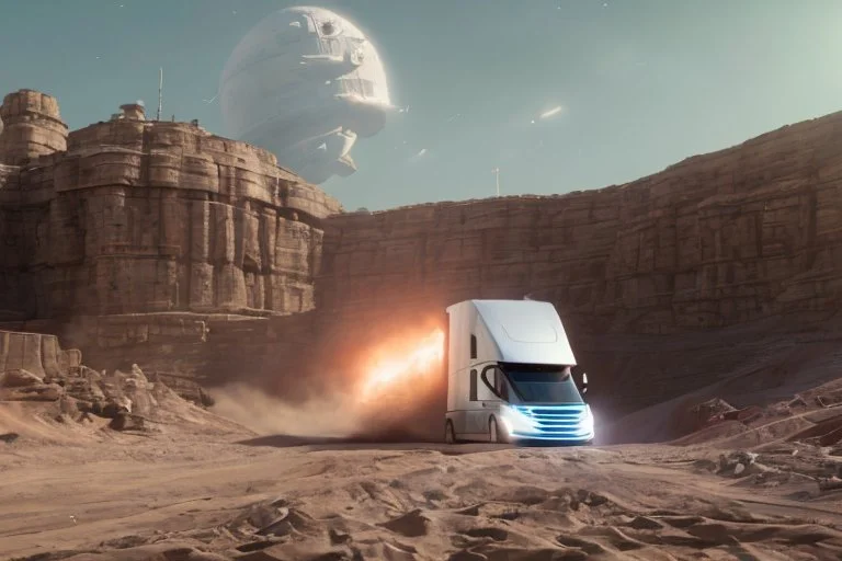 A Tesla 'Semi' (semi truck) is going at a high speed, within the trench of the Death Star. (CINEMATIC, WIDE ANGLE LENS, PHOTO REAL)