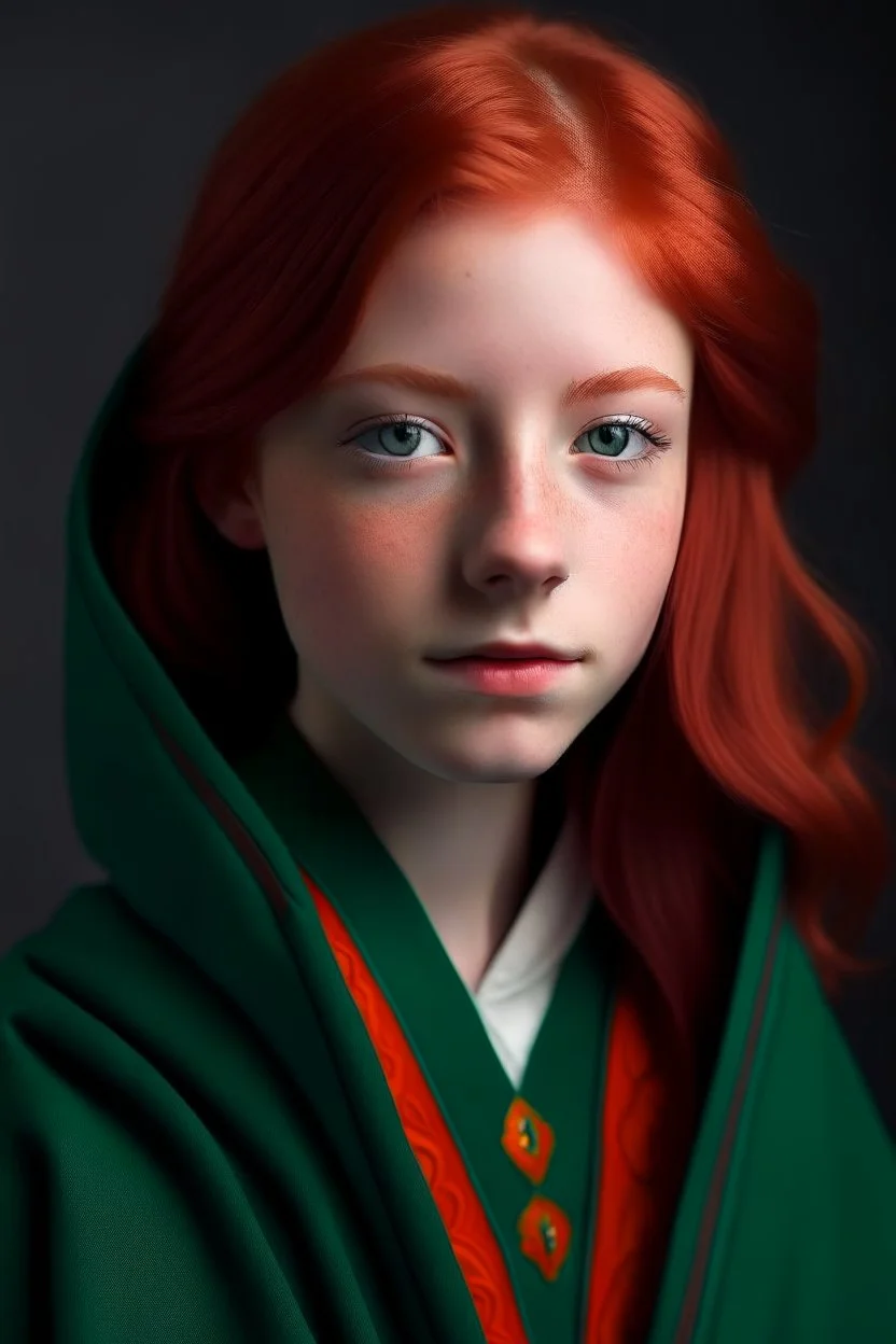 A girl with red hair and green eyes and she is wearing a Hogwarts robe