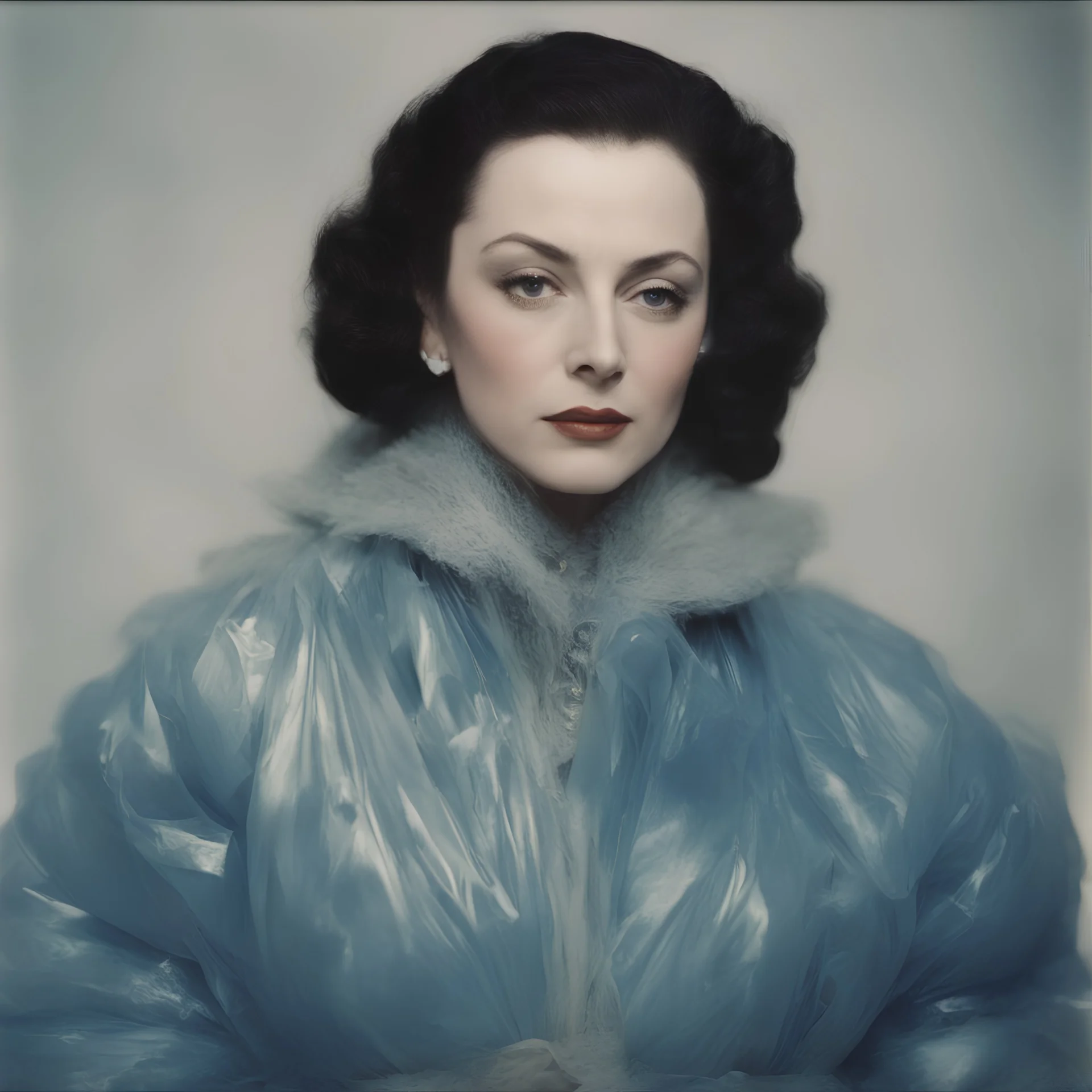 Actress hedy lamarr, blue, autochrome, plastic puffy jacket