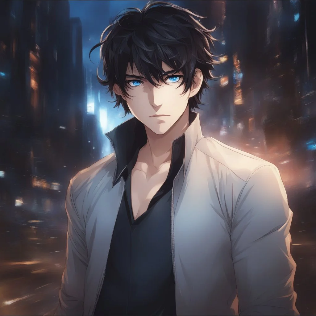 (masterpiece), (anime style), award winning, close up, centered, headshot, looking toward camera, messy black hair, young man, blue eyes, modern, dynamic lighting, ultra detailed, (epic composition, epic proportion), professional work, black clothes