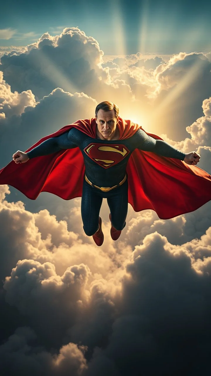 Superman carrying Vladimir Putin flying above swirling clouds, emerges from the heart of a raging storm. Turbulent winds of steam swirl around the louds lit by shafts of sunlight that cast dramatic shadows on the strong body High quality 16k cinematic scene and great photography