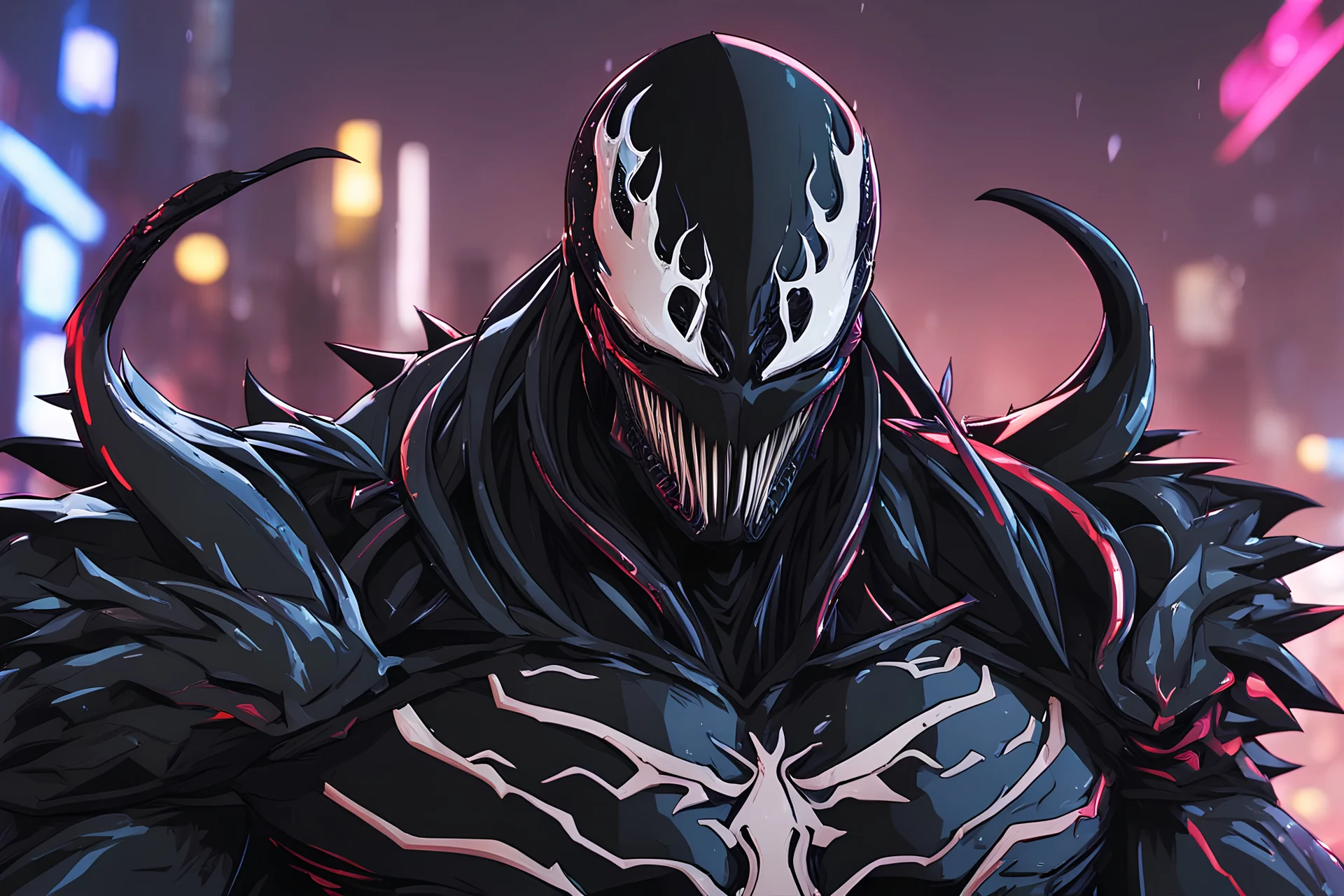 Venom Shredder in 8k solo leveling shadow artstyle, machine them, close picture, rain, neon lights, intricate details, highly detailed, high details, detailed portrait, masterpiece,ultra detailed, ultra quality
